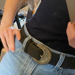 ZELE sezane like Black Leather vintage 80’s Gold Buckle Belt SM